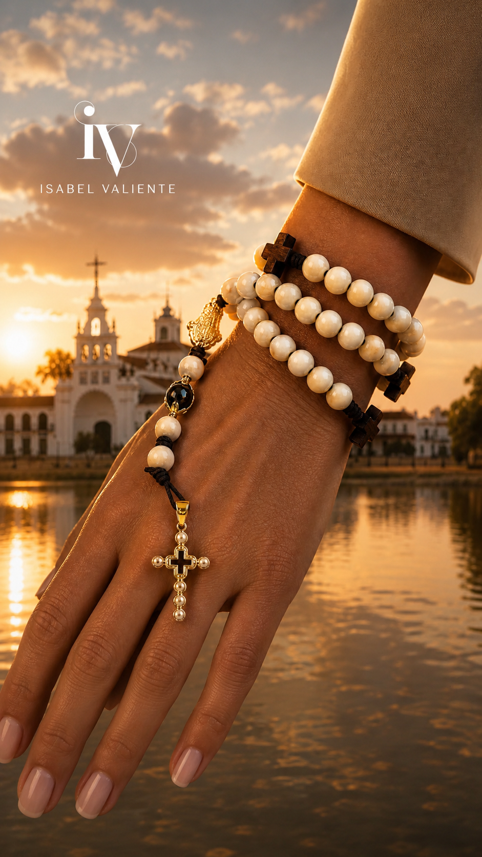 Rosario madera con cruces en acero