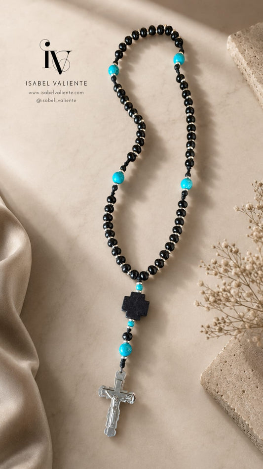 Rosario piedra en negro y turquesa