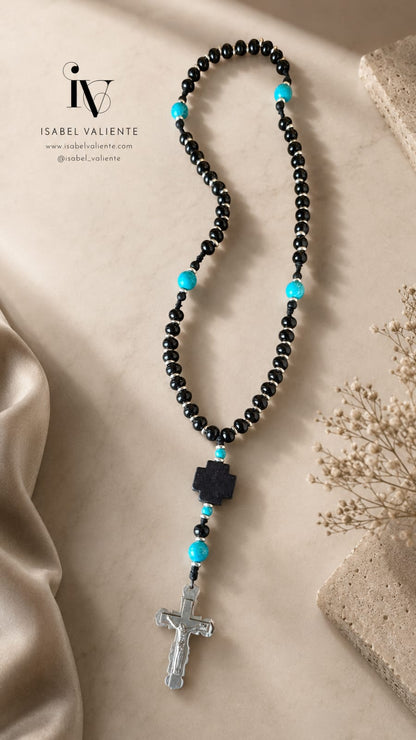 Rosario piedra en negro y turquesa